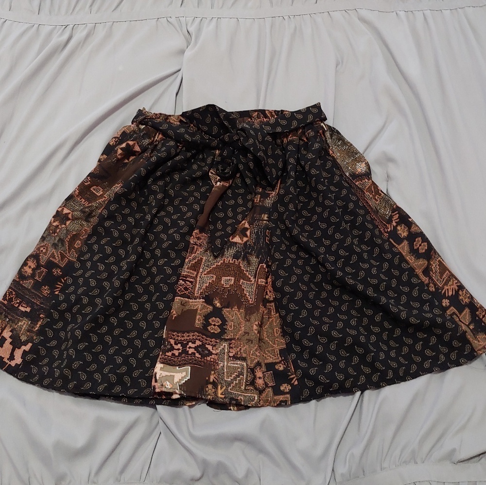 Blue rain black&brown belted midi skirt